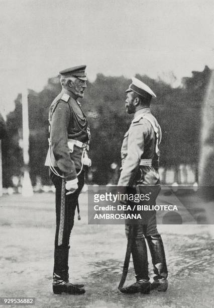 Grand Duke Nikolay Nikolayevich Romanov, Supreme Commander of the Russian Army, speaking with Tsar Nicholas II, Russia, World War I, from...