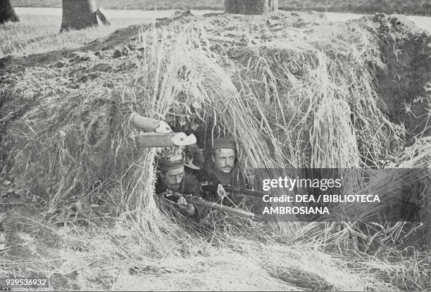 Belgian sniper position at Schelda, Antwerp, Belgium, World War I, photograph by Central News, from L'Illustrazione Italiana, Year XLI, No 43,...