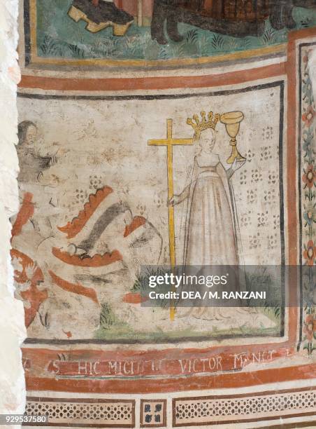 Panel depicting Temperance, detail from the frescoes behind St Michael's altar, left transept in Cremona cathedral, Cremona, Lombardy. Italy, 14th...