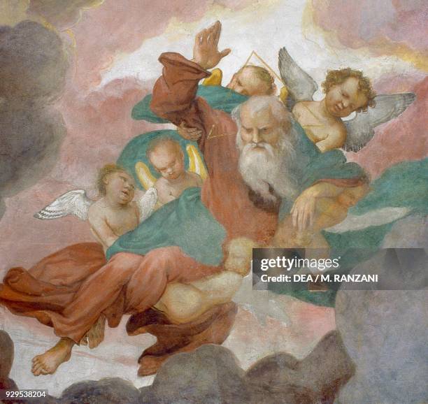 God the Father fresco by Lorenzo Lotto , vault of the main chapel, church of San Michele al Pozzo Bianco , Bergamo, Lombardy. Italy, 16th century.