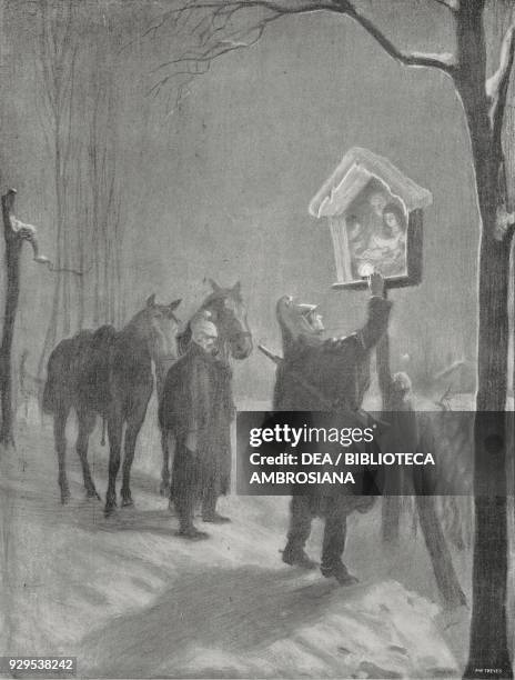 Christmas Eve in Flanders, two soldiers at a religious aedicula, Belgium, World War I, drawing by L Bompard, from L'Illustrazione Italiana, Year XLI,...