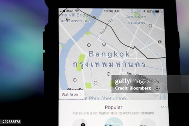 Map of Bangkok is displayed on the Uber Technologies Inc. Application in an arranged photograph taken in Bangkok, Thailand, on Friday, March 9, 2018....