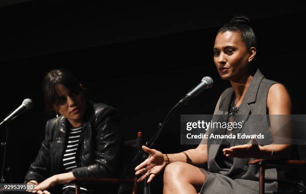 Actress Natalie Morales and Los Angeles Sparks President and COO Christine Simmons attend The Wiltern's Women's Day Celebration screening and panel...