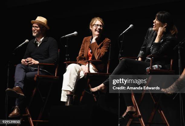 Directors Jonathan Dayton and Valerie Faris and actress Natalie Morales attend The Wiltern's Women's Day Celebration screening and panel for "Battle...