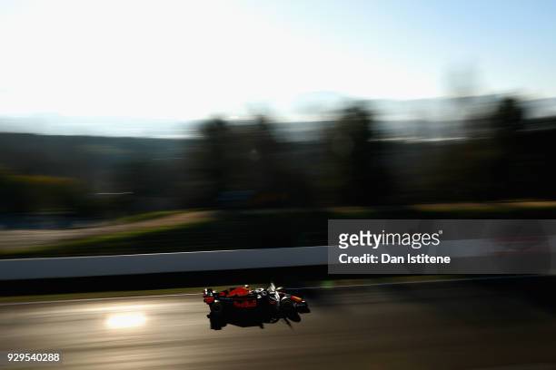 Daniel Ricciardo of Australia driving the Aston Martin Red Bull Racing RB14 TAG Heuer on track during day four of F1 Winter Testing at Circuit de...
