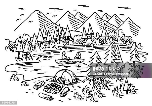 ilustrações, clipart, desenhos animados e ícones de acampamento de férias em um desenho de lago - caneta e nanquim