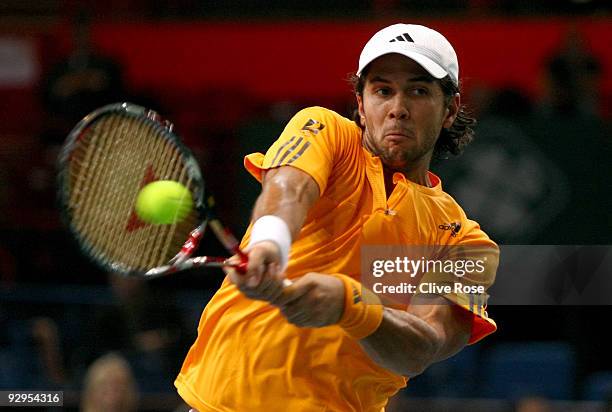 Fernando Verdasco of Spain in action during his second round match against Andreas Seppi of Italy during the ATP Masters Series at the Palais...