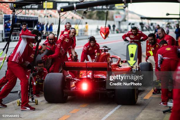 Sebastian Vettel from Germany with Scuderia Ferrari SF71H testing pit stops during day three of F1 Winter Testing at Circuit de Catalunya on March 8,...