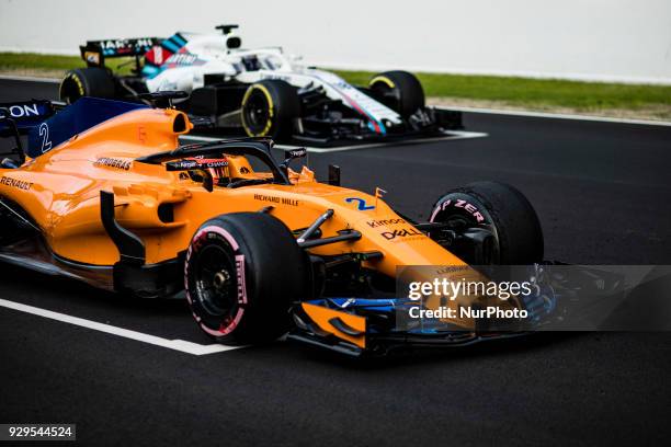 Stoffel Vandoorne from Belgium with McLaren Renault MCL33 during day three of F1 Winter Testing at Circuit de Catalunya on March 8, 2018 in Montmelo,...