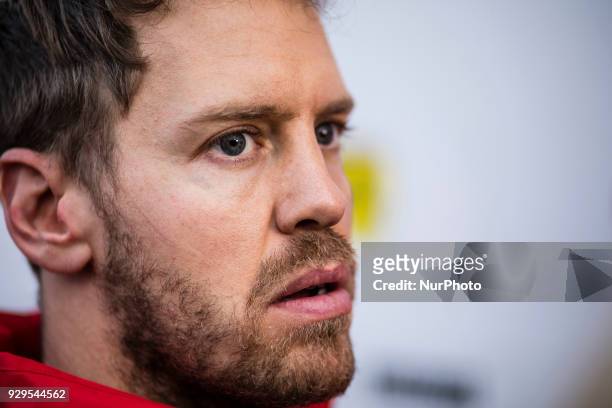 Sebastian Vettel from Germany with Scuderia Ferrari SF71H portrait during day three of F1 Winter Testing at Circuit de Catalunya on March 8, 2018 in...