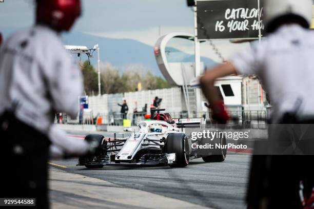 Marcus Ericsson from Sweden Alfa Romeo Sauber F1 Team C37 practicing pit stops during day three of F1 Winter Testing at Circuit de Catalunya on March...