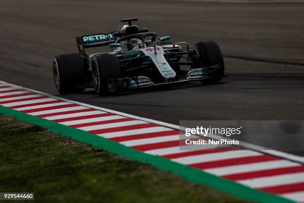 Lewis Hamilton from Great Britain Mercedes W09 Hybrid EQ Power+ team Mercedes GP during day three of F1 Winter Testing at Circuit de Catalunya on...