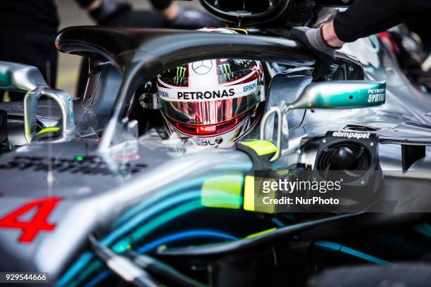 Lewis Hamilton from Great Britain Mercedes W09 Hybrid EQ Power+ team Mercedes GP during day three of F1 Winter Testing at Circuit de Catalunya on...