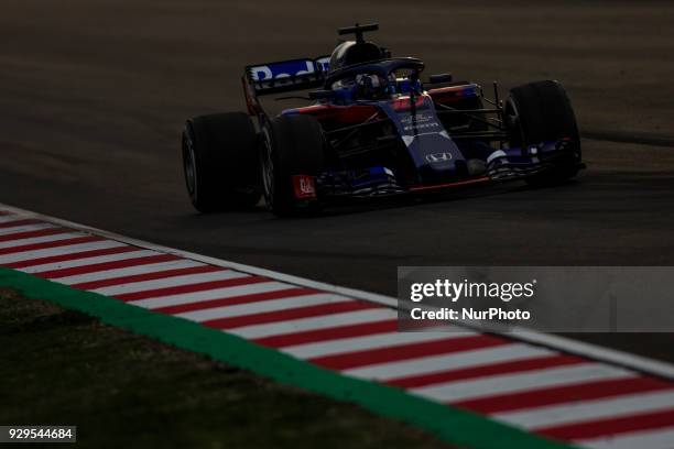 Pierre Gasly from France with Scuderia Toro Rosso Honda STR13 during day three of F1 Winter Testing at Circuit de Catalunya on March 8, 2018 in...