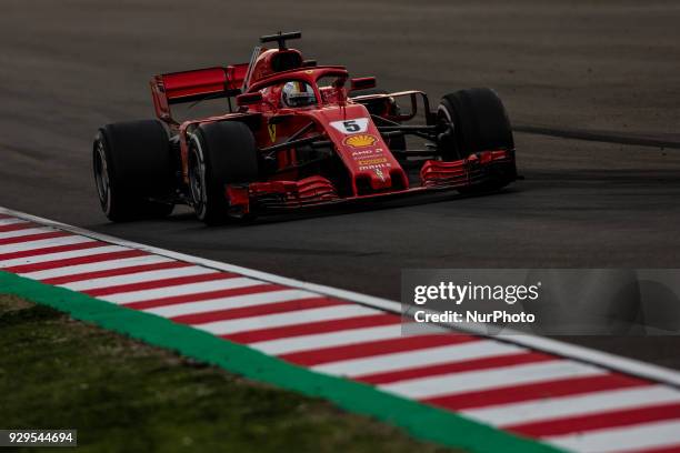 Sebastian Vettel from Germany with Scuderia Ferrari SF71H during day three of F1 Winter Testing at Circuit de Catalunya on March 8, 2018 in Montmelo,...