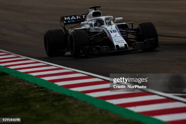 Lance Stroll from Canada with Williams F1 Mercedes FW41 fans during day three of F1 Winter Testing at Circuit de Catalunya on March 8, 2018 in...