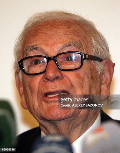 French fashion designer Pierre Cardin makes a statement during a visit to the Eisenstein cinema arts library in Moscow on November 9, 2009. Cardin is...