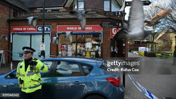 Police stand guard at the scene of Sergei Skripal colapse due to poisoning on March 8, 2018 in Salisbury, England. Police investigations continue...