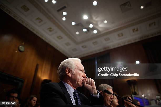 Sen. Joe Lieberman testifies before the Senate Budget Committee Capitol Hill November 10, 2009 in Washington, DC. Lieberman and bipartisan members of...