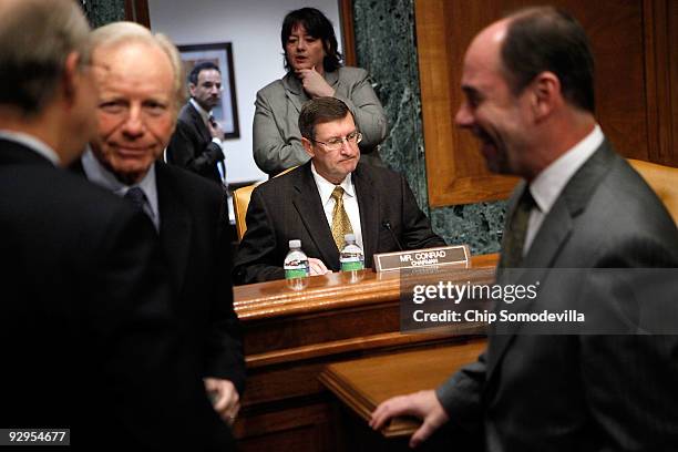 Senate Budget Committee Chairman Kent Conrad prepares for a full committee hearing on Capitol Hill November 10, 2009 in Washington, DC. The committee...