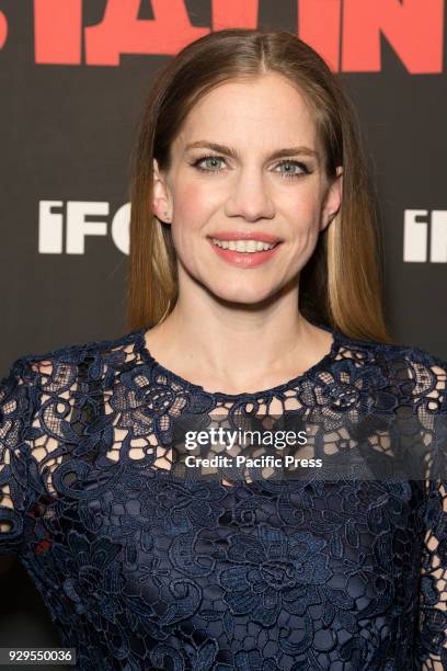 Anna Chlumsky wearing dress by Cynthia Rowley attends New York premiere of IFC Film Death of Stalin at AMC Lincoln Square.