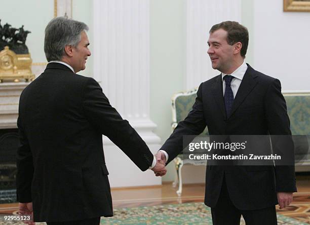 Russian President Dmitry Medvedev greets Austrian Chancellor Werner Faymann during their meeting at the Kremlin on November 10, 2009 in Moscow,...