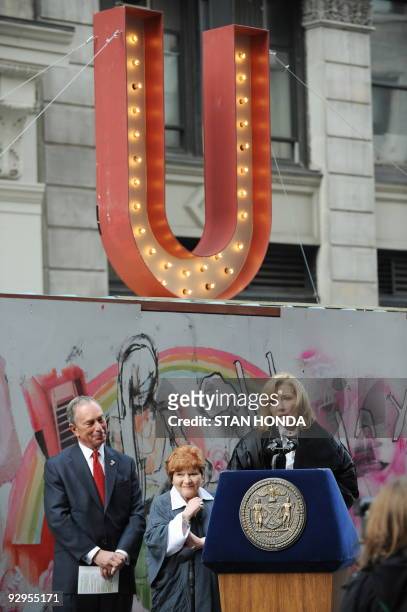 British actress Emma Thompson , human rights organizer Helen Bamber and New York City Mayor Michael Bloomberg help launch an art installation,...