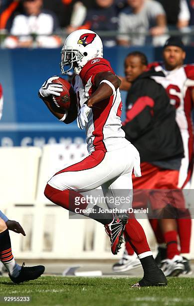 Antrel Rolle of the Arizona Cardinals runs back a missed field goal by the Chicago Bears at Soldier Field on November 8, 2009 in Chicago, Illinois....