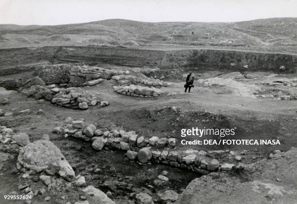 View of the Italian archaeological mission's excavations in the area of David's temple, Acropolis of Amman, Jordan, 1928-1930.