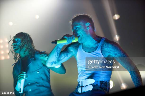 Maxim Reality and Keith Flint of The Prodigy perform on stage at the Lowlands Festival on August 21st 2009 in Biddinghuizen, Netherlands.