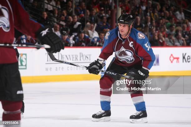 Adam Foote of the Colorado Avalanche skates against the Chicago Blackhawks at the Pepsi Center on November 6, 2009 in Denver, Colorado. The Avalanche...