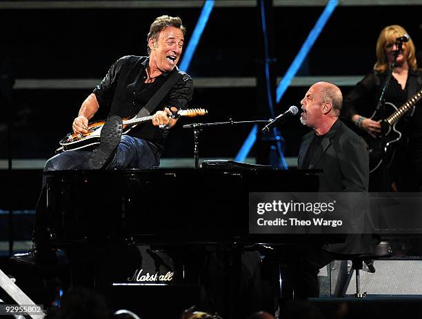 Bruce Springsteen and Billy Joel perform onstage at the 25th Anniversary Rock & Roll Hall of Fame Concert at Madison Square Garden on October 29,...