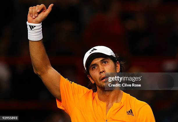 Fernando Verdasco of Spain celebrates wiining his second round match against Andreas Seppi of Italy during the ATP Masters Series at the Palais...