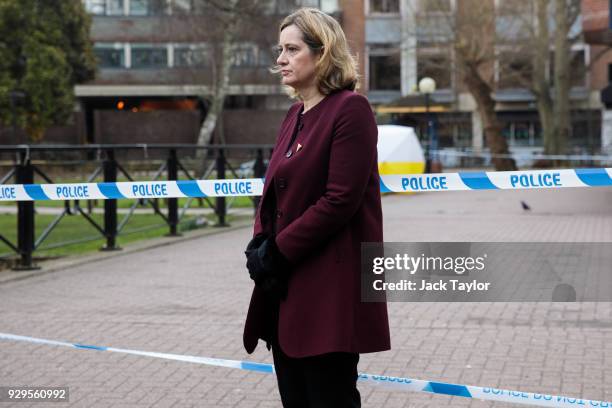 British Home Secretary Amber Rudd visits the scene connected to the Sergei Skripal nerve agent attack on March 9, 2018 in Salisbury, England. Sergei...