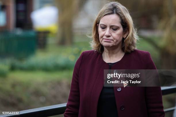 British Home Secretary Amber Rudd visits the scene connected to the Sergei Skripal nerve agent attack on March 9, 2018 in Salisbury, England. Sergei...