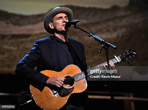 James Taylor performs on stage for the 25th Anniversary Rock & Roll Hall of Fame Concert at Madison Square Garden on October 29, 2009 in New York...
