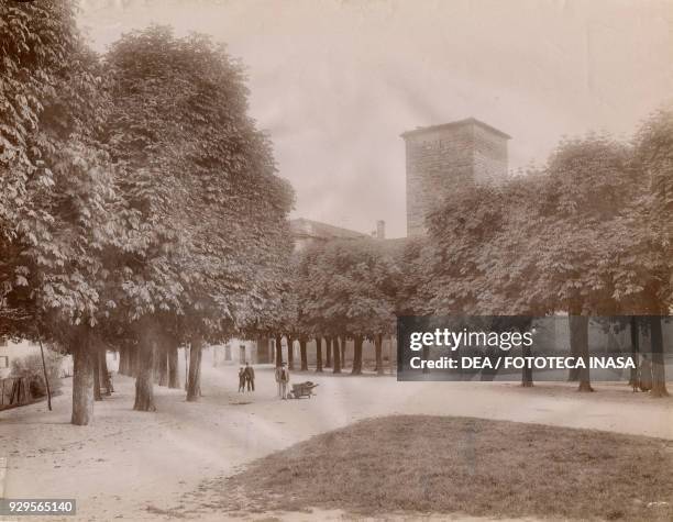 Largo Colle Aperto and Adalberto tower, Bergamo, Lombardy, Italy, photograph by Istituto Italiano d'Arti Grafiche, Bergamo, 1908.