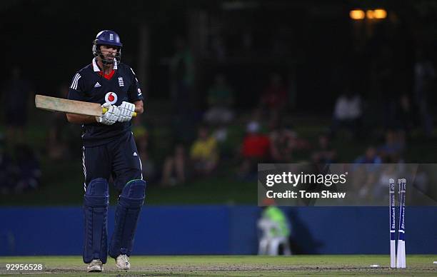 Sajid Mahmood of England is bowled out during the Twenty20 Tour match between South Africa A and England at the Outsurance Oval on November 10, 2009...