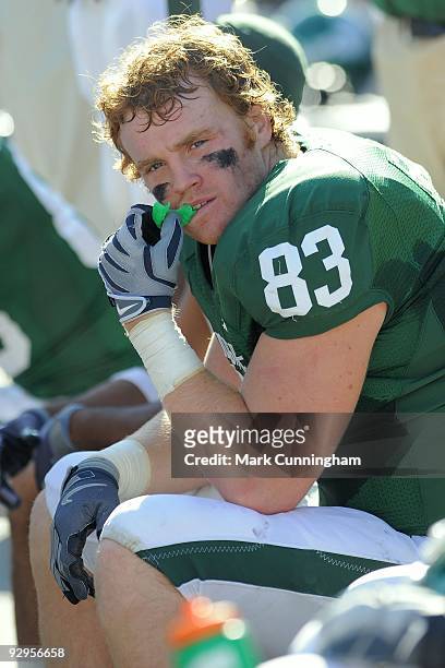 Charlie Gantt of the Michigan State Spartans looks on against the Western Michigan Broncos at Spartan Stadium on November 7, 2009 in East Lansing,...