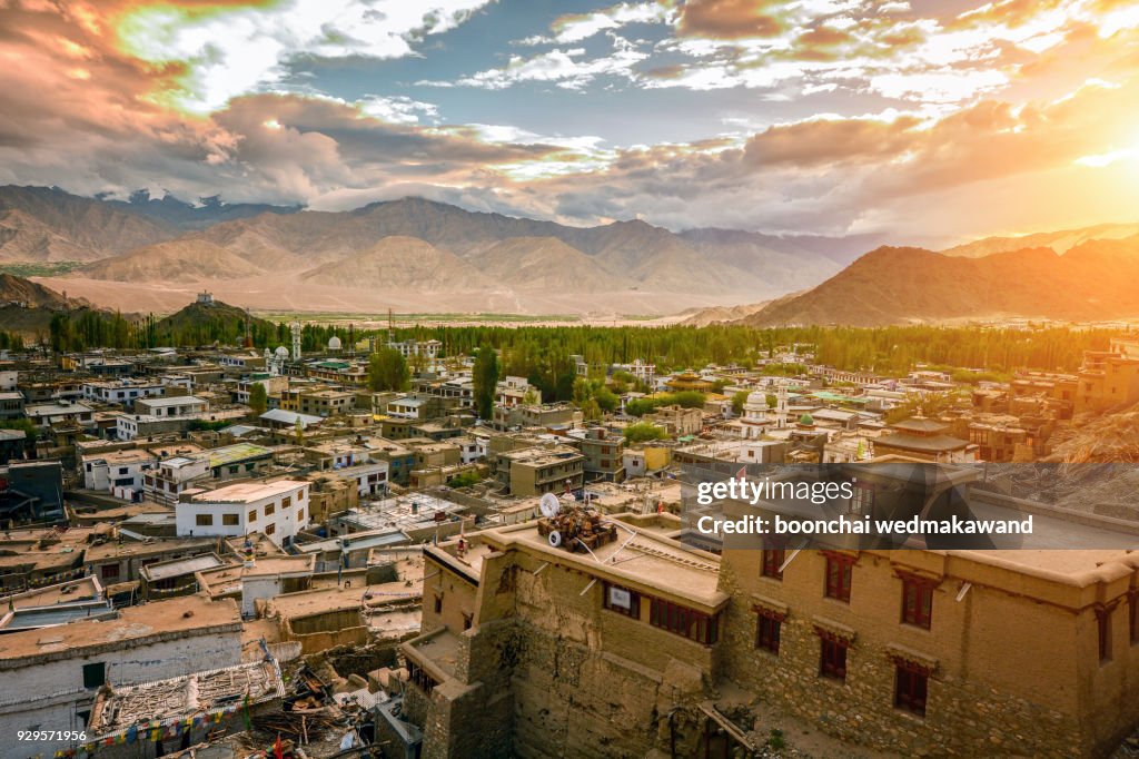 Top view of Leh Ladakh city landscape with green tree, snow mountain and blue sky as background, Leh Ladakh - India