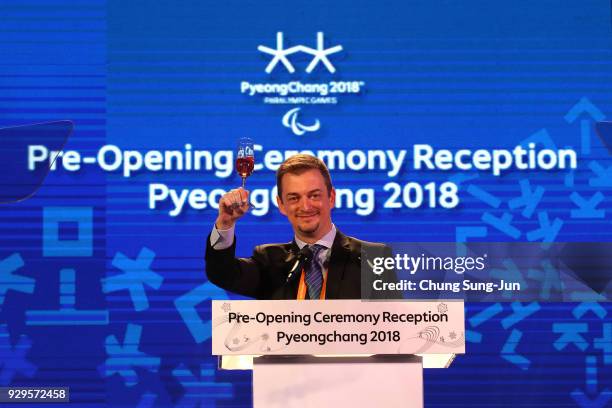 President Andrew Parsons toasts during the Opening Ceremony Reception of the PyeongChang 2018 Paralympic Games at the PyeongChang Olympic Stadium on...