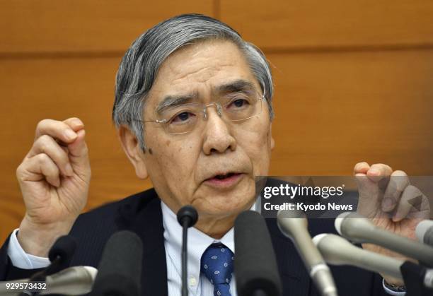 Bank of Japan Governor Haruhiko Kuroda speaks at a press conference on March 9 at the Tokyo head office of the central bank after a two-day monetary...