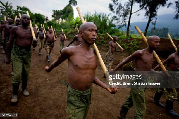 Section of men undergoing a "refresher" course near to one of General Nkunda's CNDP hilltop bases in the occupied Mikeno Sector of Virunga National...