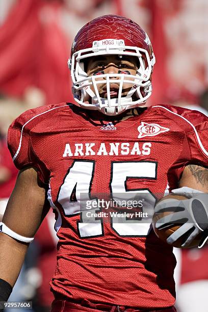Williams of the Arkansas Razorbacks heads to the huddle during a game against the South Carolina Gamecocks at Donald W. Reynolds Stadium on November...