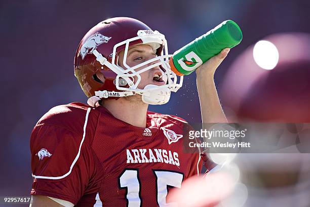 Ryan Mallett of the Arkansas Razorbacks gets a drink of water during a game against the South Carolina Gamecocks at Donald W. Reynolds Stadium on...