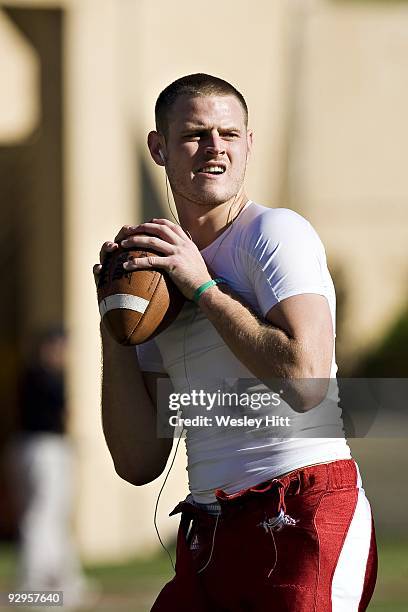 Ryan Mallett of the Arkansas Razorbacks warms up before a game against the South Carolina Gamecocks at Donald W. Reynolds Stadium on November 7, 2009...