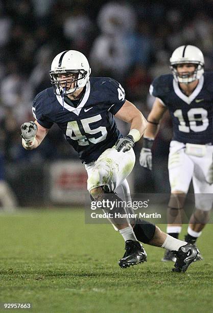 Linebacker Sean Lee of the Penn State Nittany Lions rushes the line of scrimmage during a game against the Ohio State Buckeyes on November 7, 2009 at...