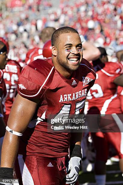 Williams of the Arkansas Razorbacks celebrates after a game against the South Carolina Gamecocks at Donald W. Reynolds Stadium on November 7, 2009 in...