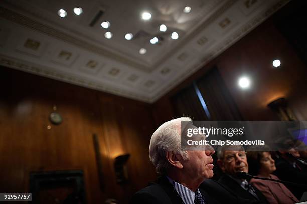 Sen. Joe Lieberman testifies with Sen. George Voinovisch , Sen. Dianne Feinstein and Sen. Evan Bayh before the Senate Budget Committee Capitol Hill...