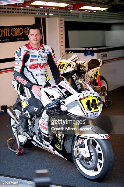 Randy De Puniet of France and LCR Honda MotoGP sits on his bike in the team garage during testing at the Valencia Circuit on November 10, 2009 in...